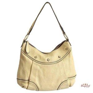 Authentic MCM Pale Yellow Pebbled Leather Studded Logo Motifs Shoulder Bag